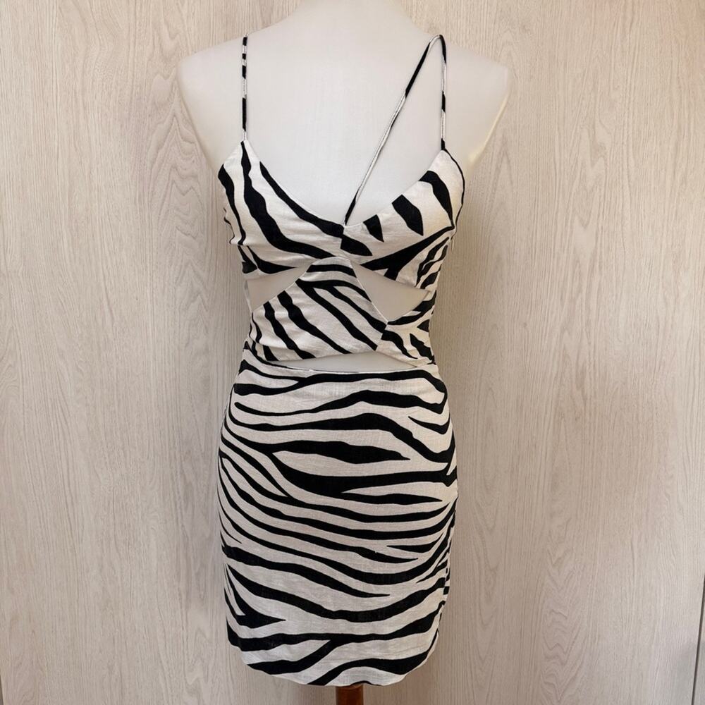 Zara black & white Zebra Print linen blend cutout spaghetti strap Mini Dress XS - Picture 6 of 16